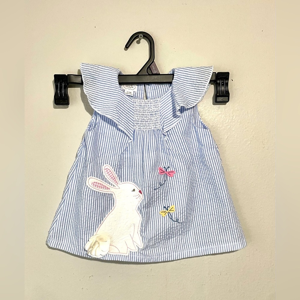 Mud Pie‎ Bunny EASTER DRESS Size Tunic Smocked Seersucker RUFFLES Size 12/18M